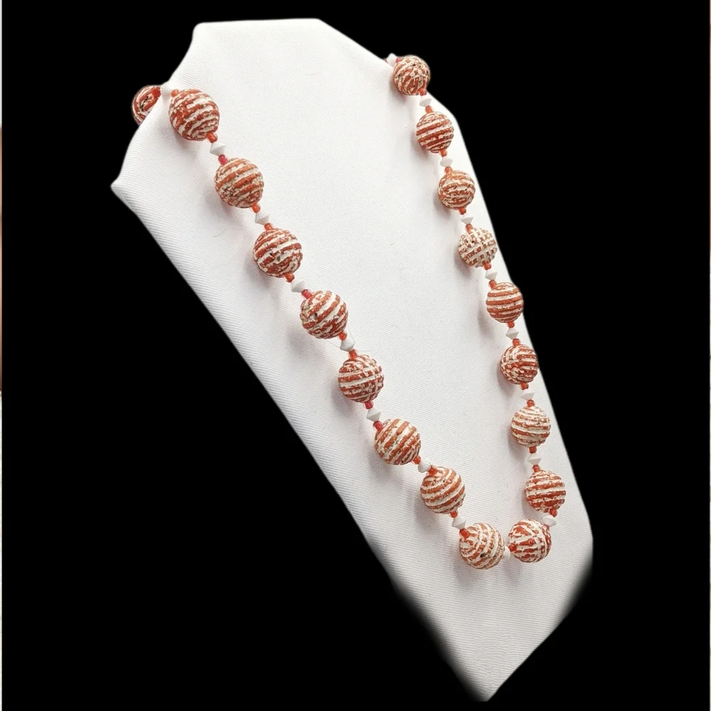 Elegant Striped Bead Necklace - Orange and White